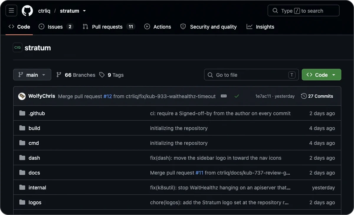 The public ctrliq/stratum repository on GitHub, on the main branch with 27 commits, listing the build, cmd, dash, docs, internal, and logos folders
