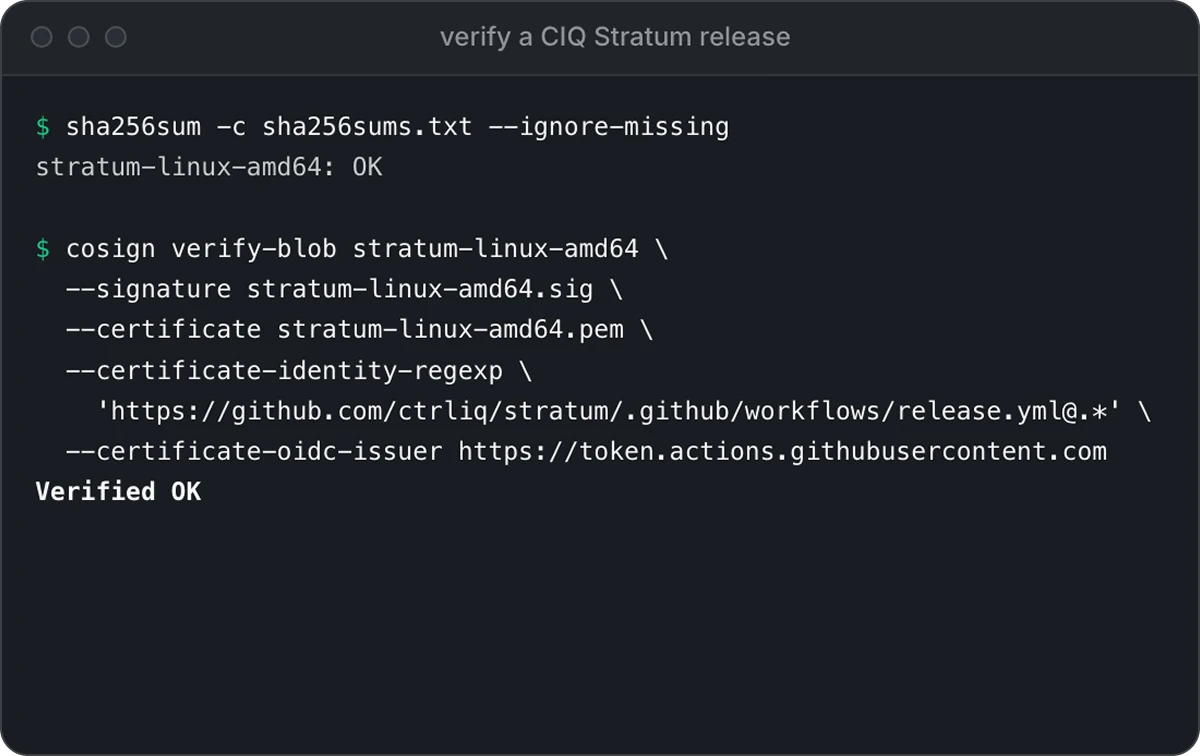Terminal verifying a CIQ Stratum Kubernetes Engine release: sha256sum reports stratum-linux-amd64 OK, and cosign verify-blob checks the keyless signature against the ctrliq/stratum release workflow identity and prints Verified OK