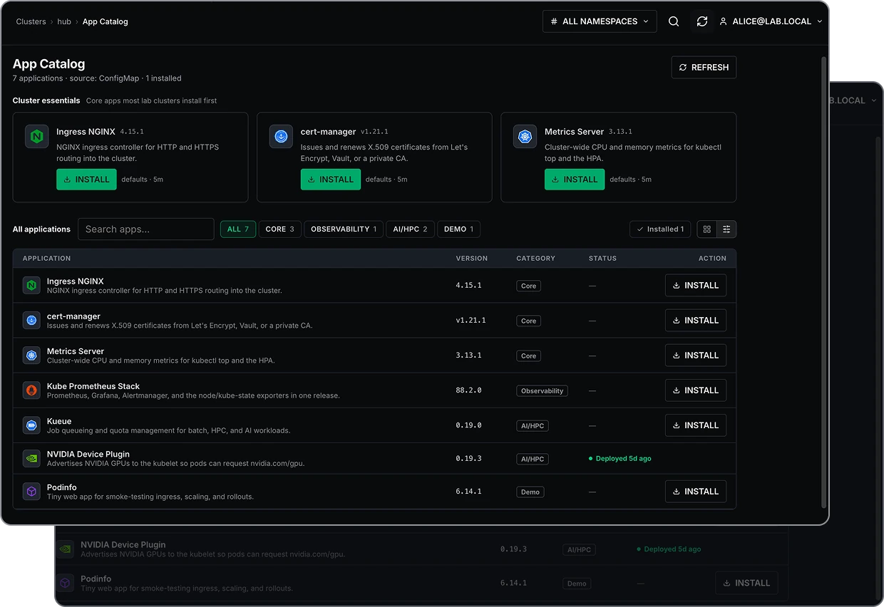 CIQ Stratum Pro app catalog for the hub cluster, listing Ingress NGINX, cert-manager, Metrics Server, Kube Prometheus Stack, Kueue, the NVIDIA Device Plugin, and Podinfo, with the NVIDIA Device Plugin deployed