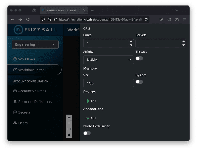 Fuzzball allows you to define the infrastructure and resources for your workflow, right down to instance sizing and storage volumes.