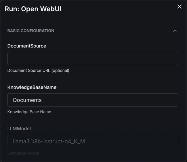 Workflow Catalog Form — The form fields shown here are everything required to deploy a complete AI stack.