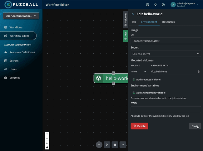 Easily manage data storage volumes and usage within Fuzzball’s web interface.