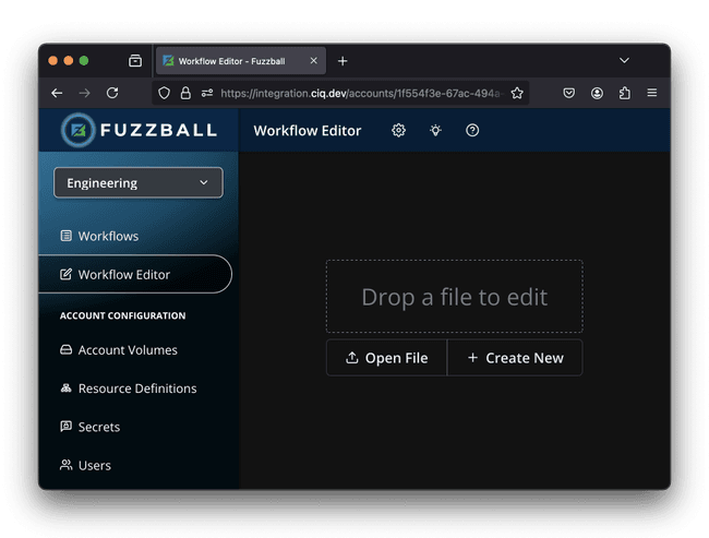 Create a Fuzzball workflow from a local YAML file, copy a previous workflow run, or start from scratch.