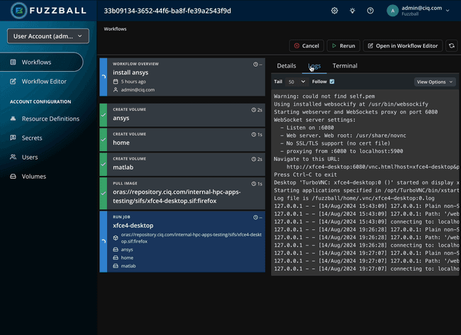 See logs for every workflow execution and access the CLI within Fuzzball’s web interface.